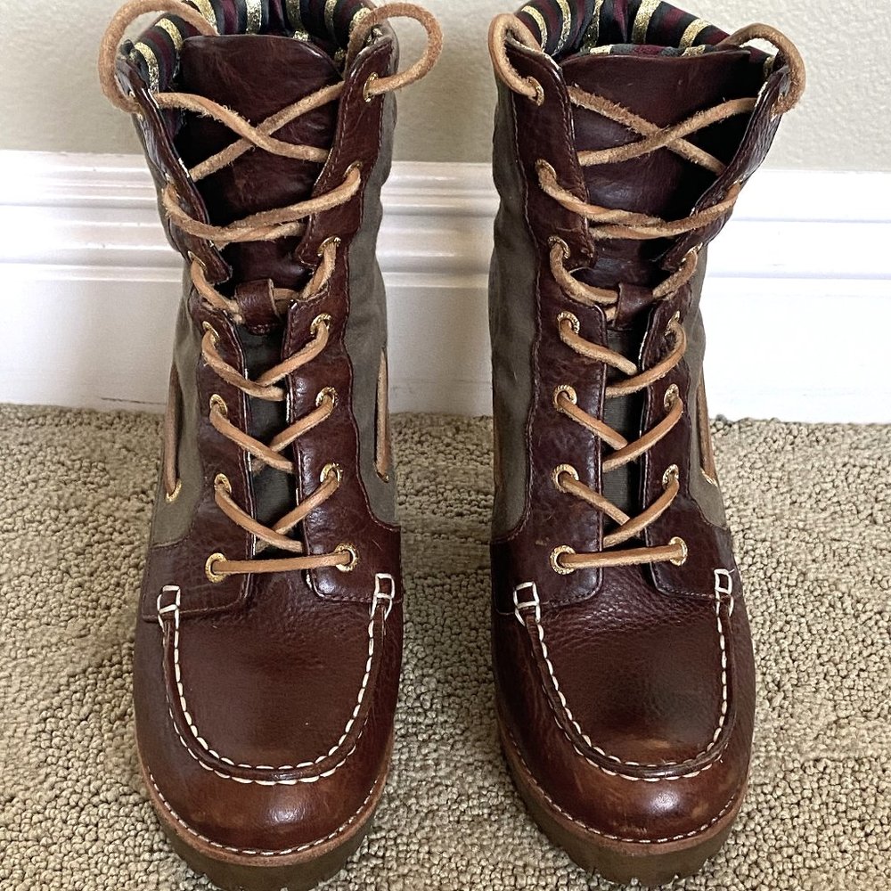 SPERRY "TRINITY" LEATHER CANVAS CHUNKY HEEL ANKLE BOOTS SIZE: 8